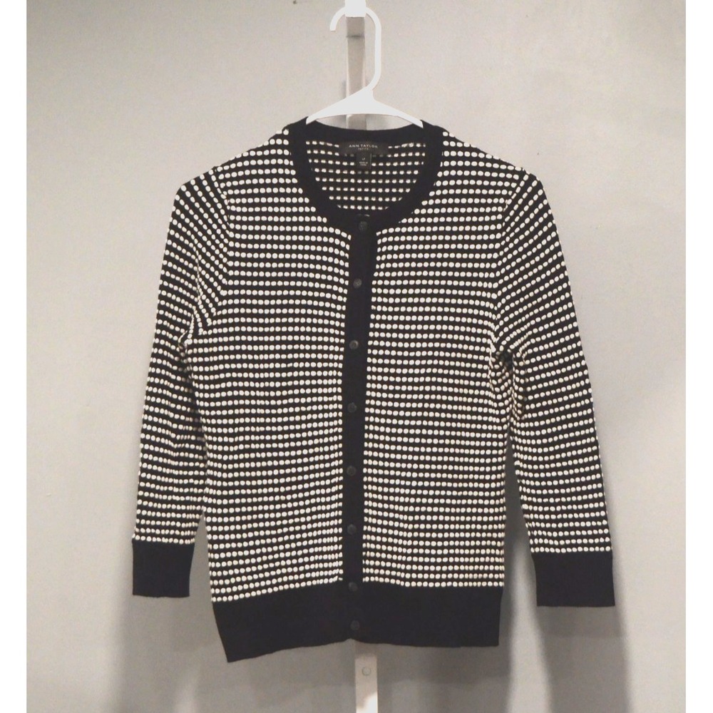 Ann Taylor Size LP (Large Petite) Black/White Textured Cardigan Stretchy